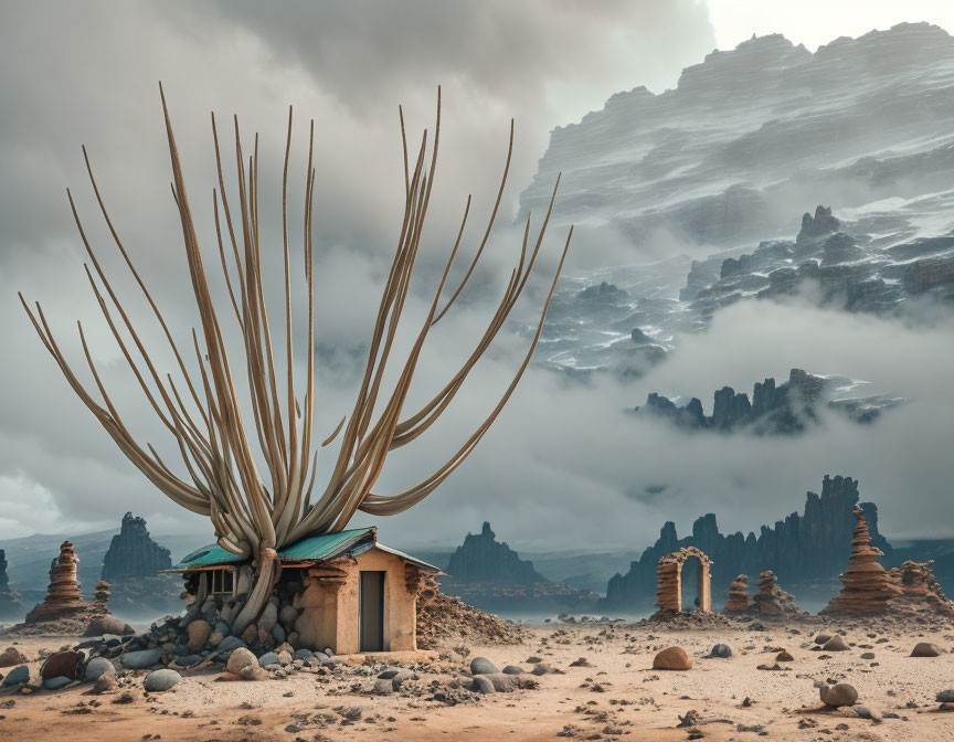 Desert landscape with hut, quiver tree, and rocky formations