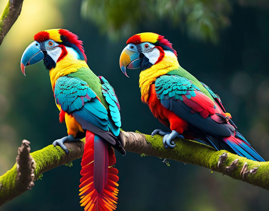 Colorful Macaws Perched on Branch with Vibrant Plumage