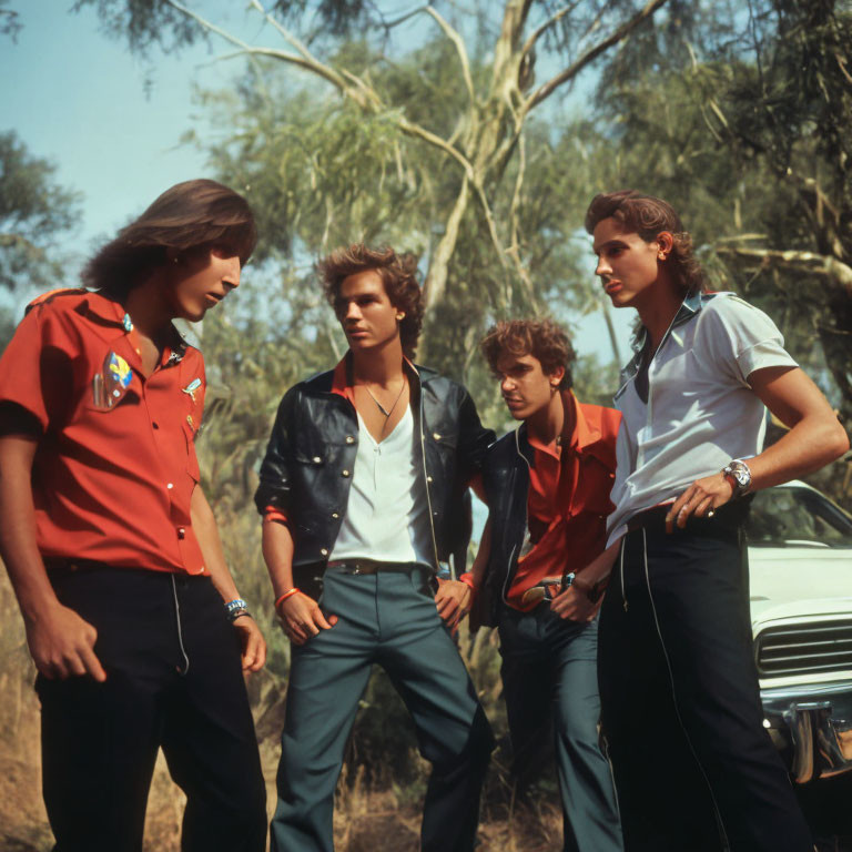 Four young men in 1970s fashion posing confidently outdoors with vintage car and trees