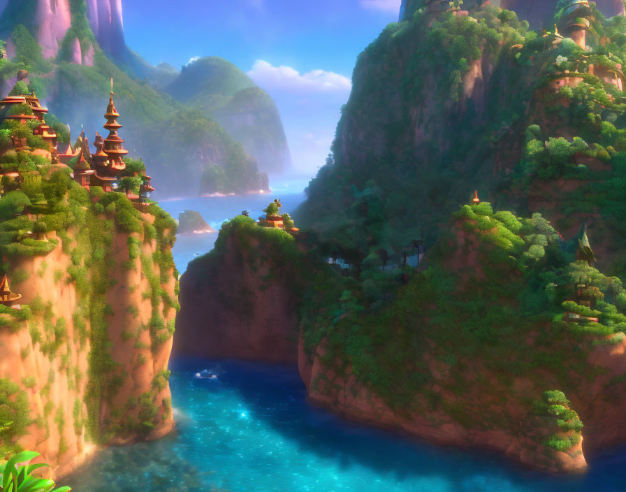 Scenic mountains, pagodas, and turquoise sea under hazy sky