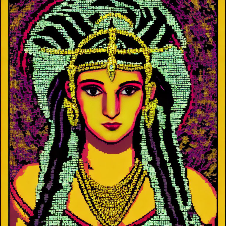 Colorful Pixelated Figure with Headdress and Jewelry on Patterned Background