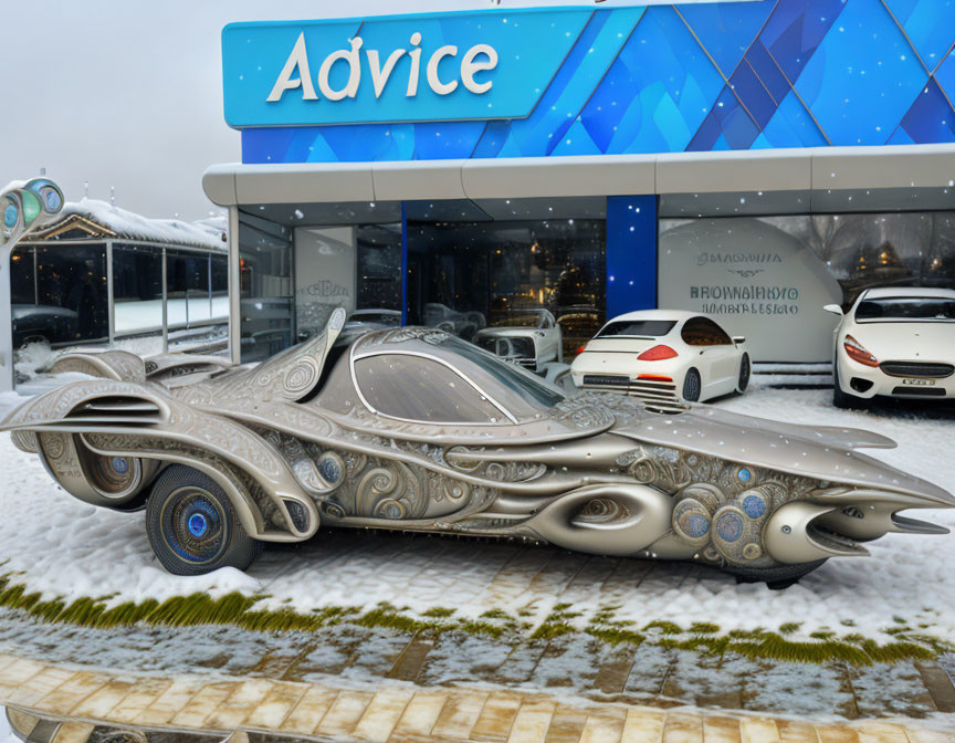 Custom Ornate Car Parked in Front of Building with "Advice" Signage Amid Snow and Luxury