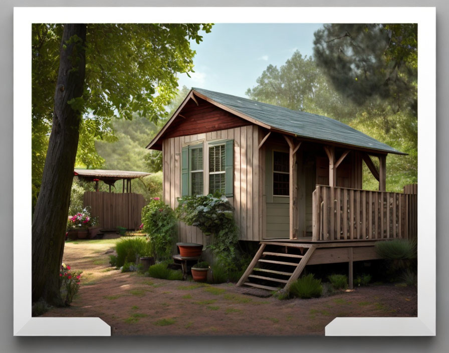 Rustic wooden cabin with front deck nestled in nature