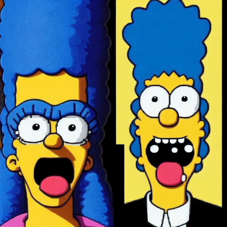 Cartoon characters with blue hair and yellow skin in split image