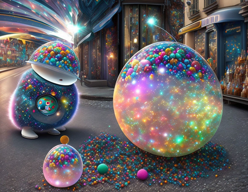 Futuristic robots and vibrant spheres in city street scene with dynamic lighting