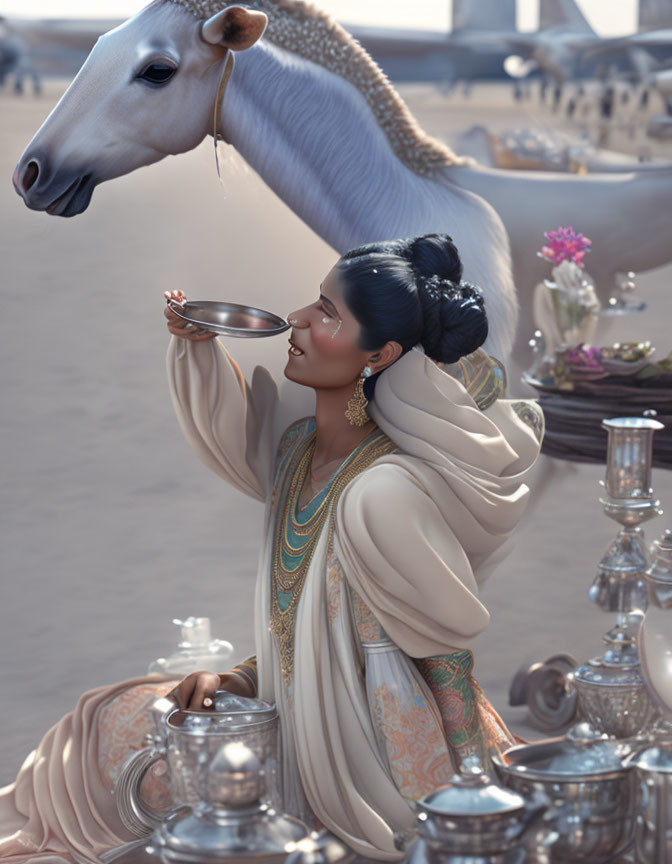 Traditional woman offering bowl to white horse in rural setting.