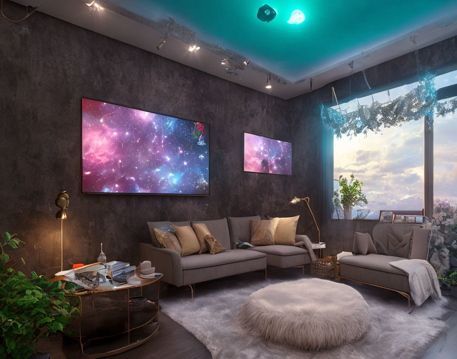 Contemporary living room with cosmic artwork, stylish furniture, and dusk ambiance.