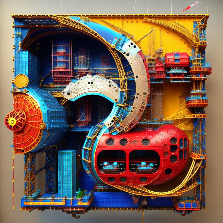 Colorful 3D wall sculpture of fantastical machine with gears and pipes