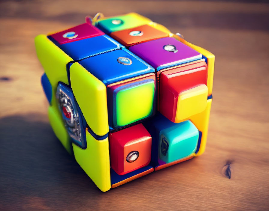 Colorful Rubik's Cube with Symbols on Wooden Surface