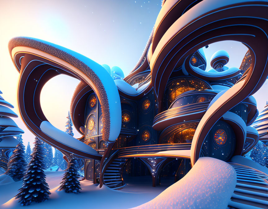 Curvilinear glowing building in snowy twilight landscape