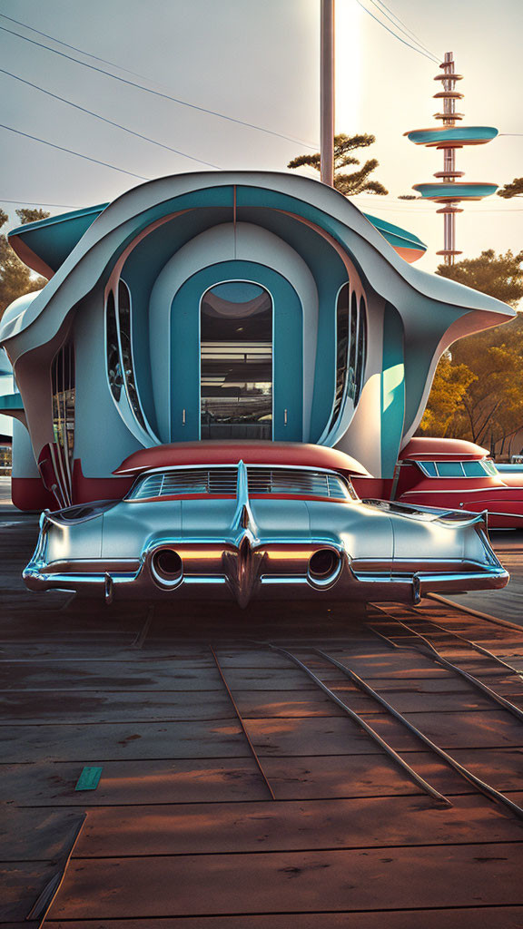 Vintage car parked in front of futuristic retro-futuristic building with warm lighting