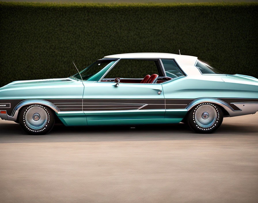 Vintage Turquoise Car with White Roof and Red Interior Parked by Trimmed Hedge