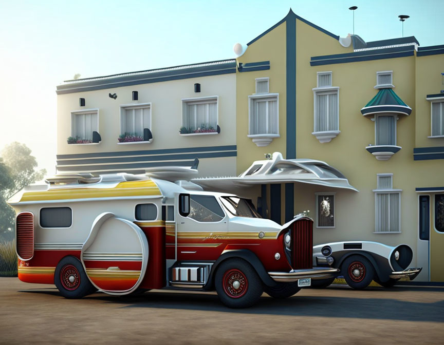 Retro-futuristic RV at mid-century modern motel with vintage car in stylized illustration