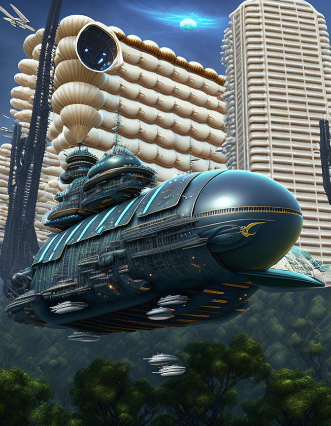 Futuristic cityscape with organic-shaped buildings and flying vehicles