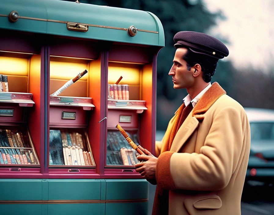 Vintage man in cap and coat with flute near colorful street bookstand