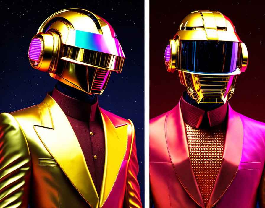 Shiny gold and colorful suits with futuristic helmets on starry background