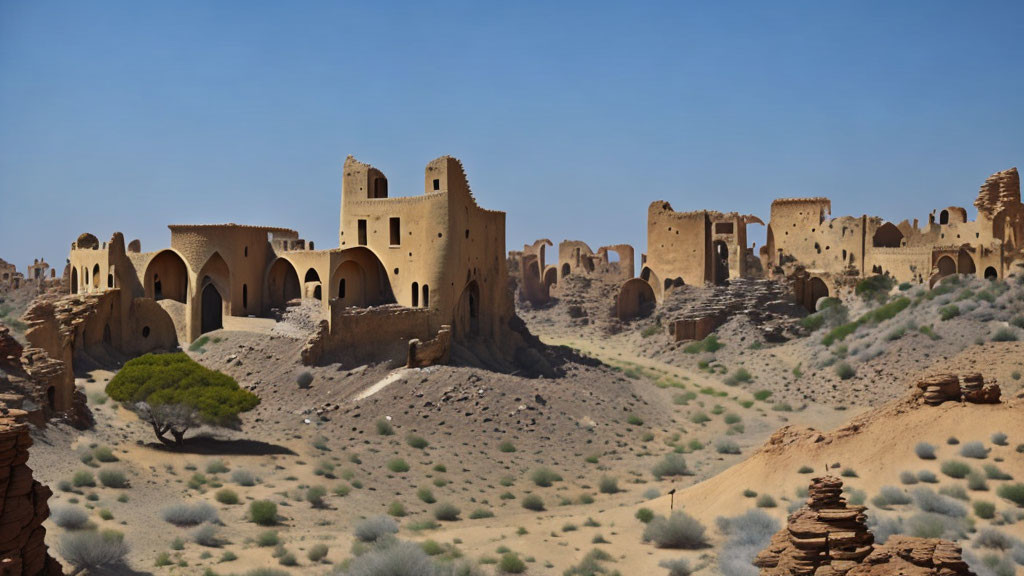 Ancient Desert Ruins with Archways and Crumbling Towers in Sandy Terrain