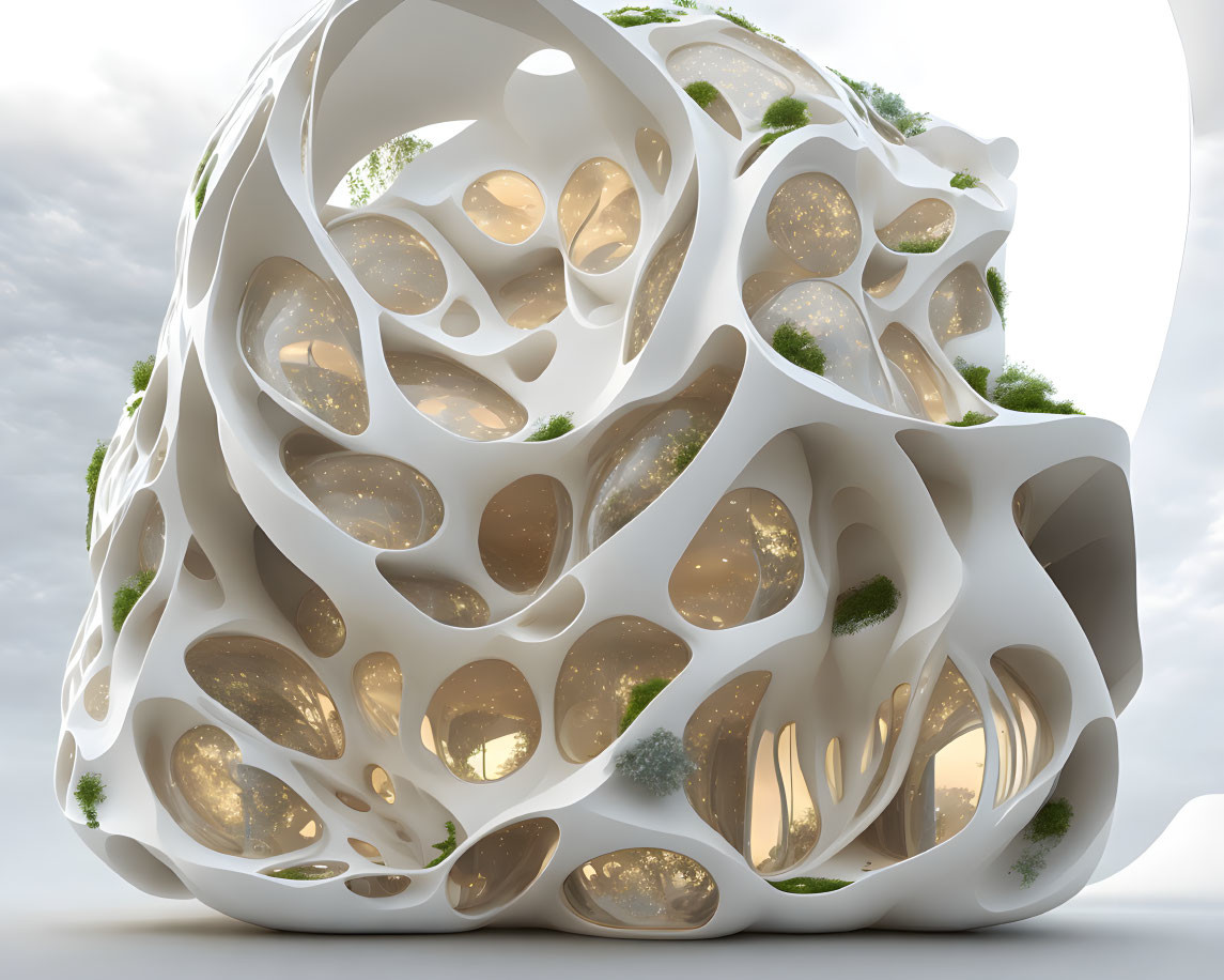 Futuristic organic building with porous design and greenery on top