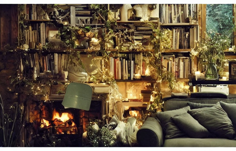 Cozy Room with Fireplace, Bookshelf, Plants, Fairy Lights, Grey Sofa