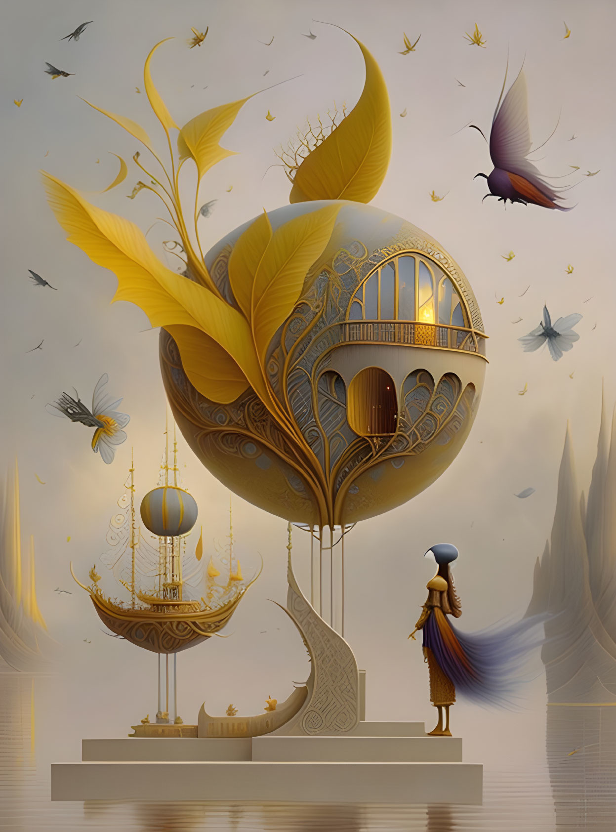 Surreal ornate spherical structure with golden leaves in tranquil setting