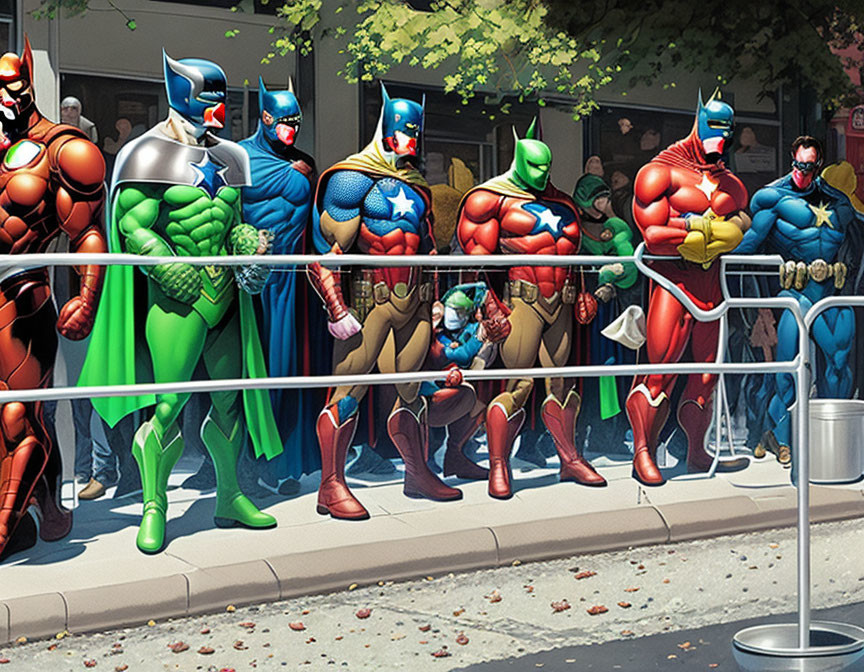 Unemployed superheroes lining up at a soup kitchen