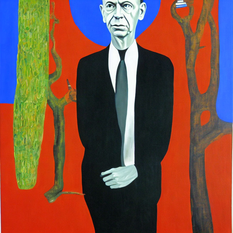 Surreal painting of man with elongated neck in black suit on blue background