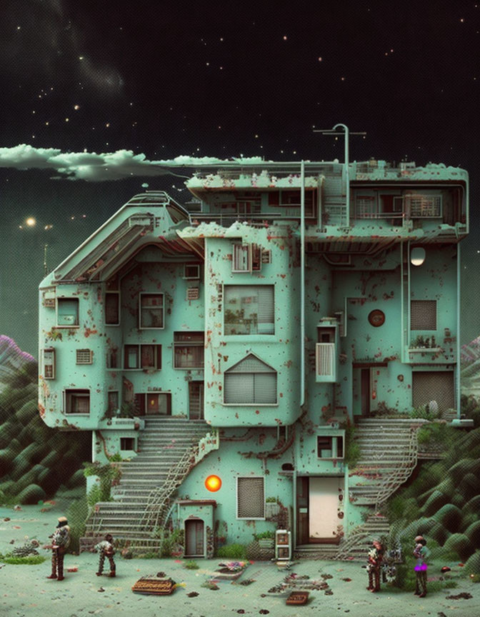 Surreal image of dilapidated building, starry sky, armored figures, rolling hills