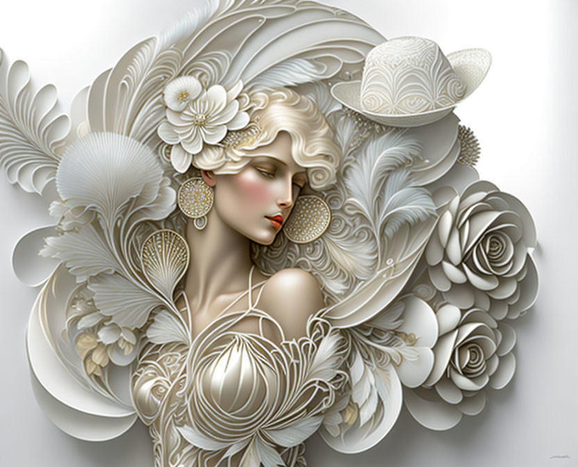 Stylized white floral elements on a woman with flowing lines