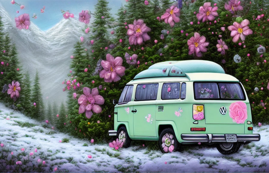 Vintage Green and White Volkswagen Van with Pink Flowers on Snowy Ground