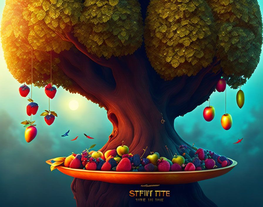 Surreal tree with broccoli canopy and fruit dish under dusk sky