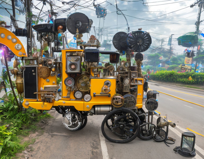 Vintage three-wheeler adorned with horns, lamps, and metallic ornaments parked by roadside.