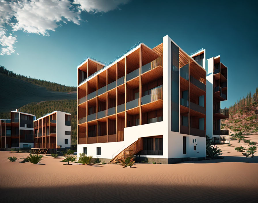 Urban architecture with wooden balconies, hills, and desert landscape