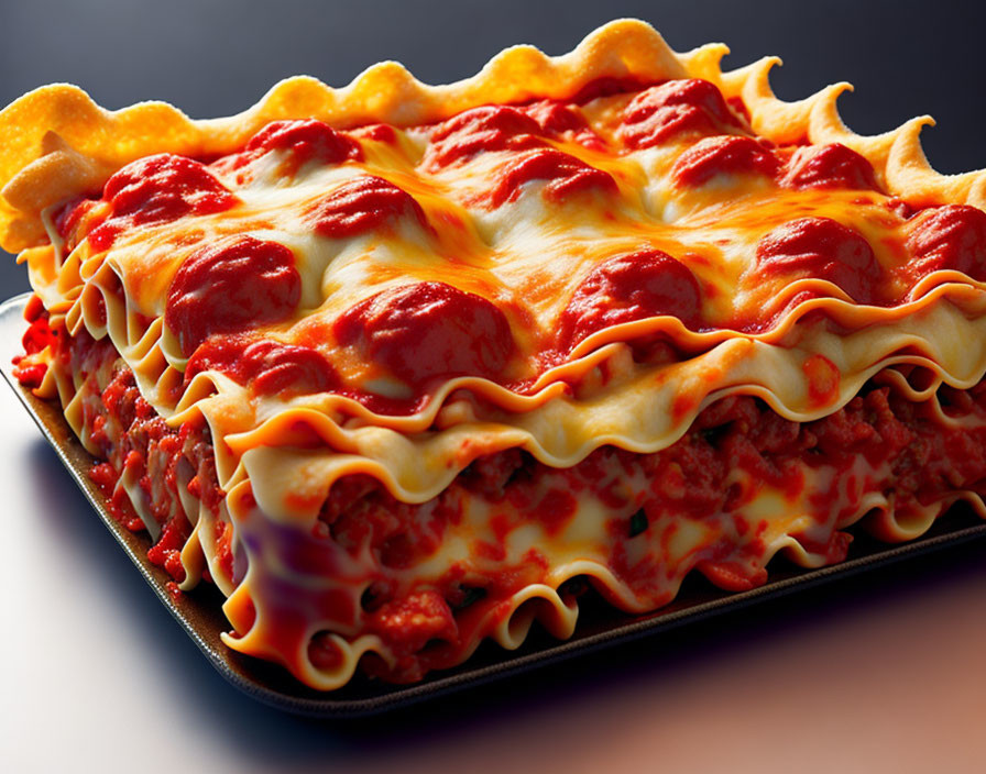 Baked lasagna with melted cheese and tomato sauce layers