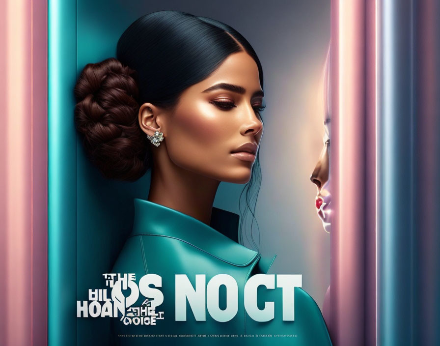 Digital artwork of woman in teal blazer with bun hairstyle and earring, gazing at mirror reflection