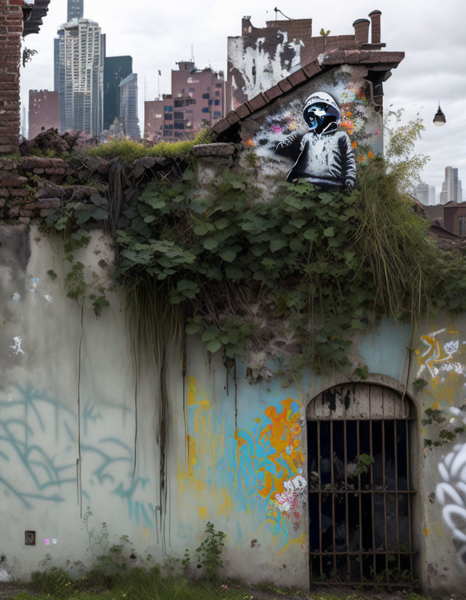 Weathered wall graffiti: figure in helmet, vines, rusted gate, city skyline