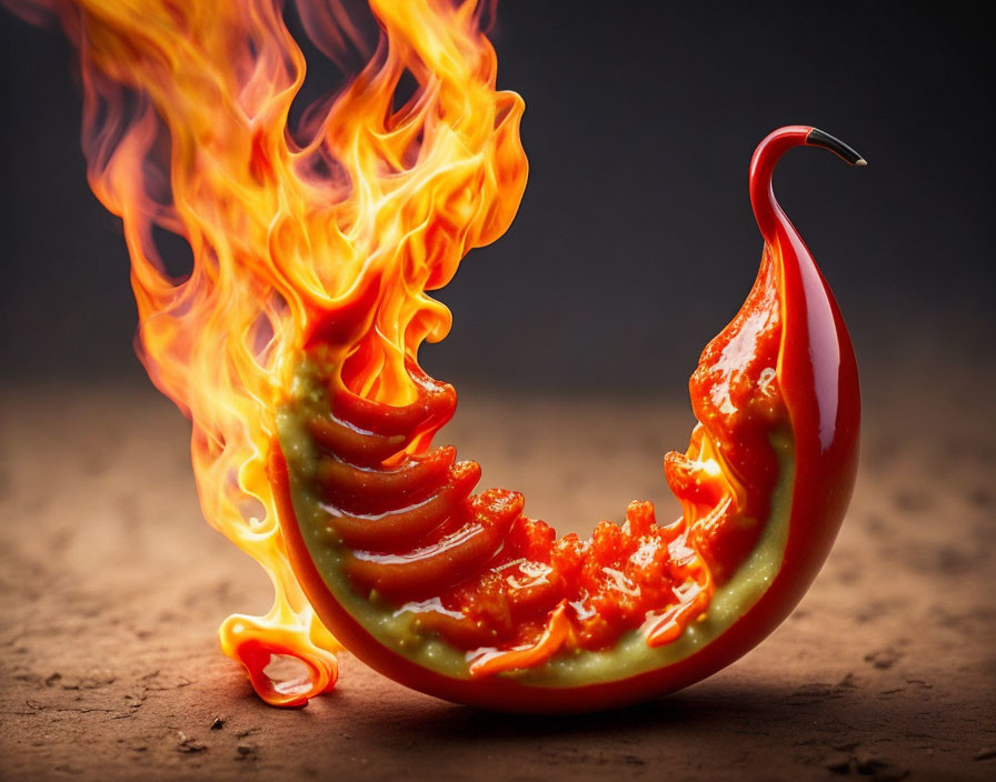 Spicy red chili pepper with fiery flame effect on dark background