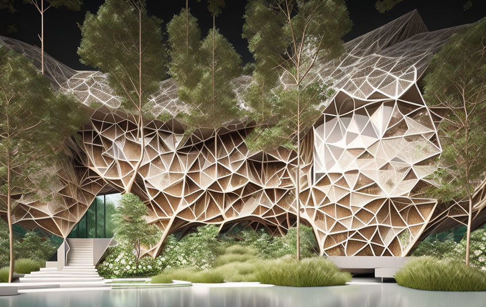 Futuristic building with geometric facade in serene natural setting