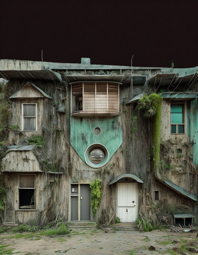 Unique Overgrown Building with Circular Windows and Modern-Rustic Design