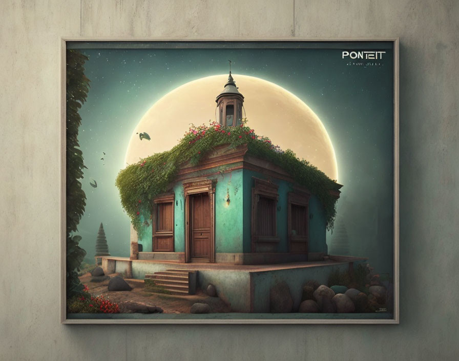 Surreal artwork: Small building with dome, lush green landscape, large moon