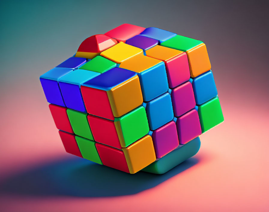 Reflective unsolved Rubik's Cube on pink and blue gradient background