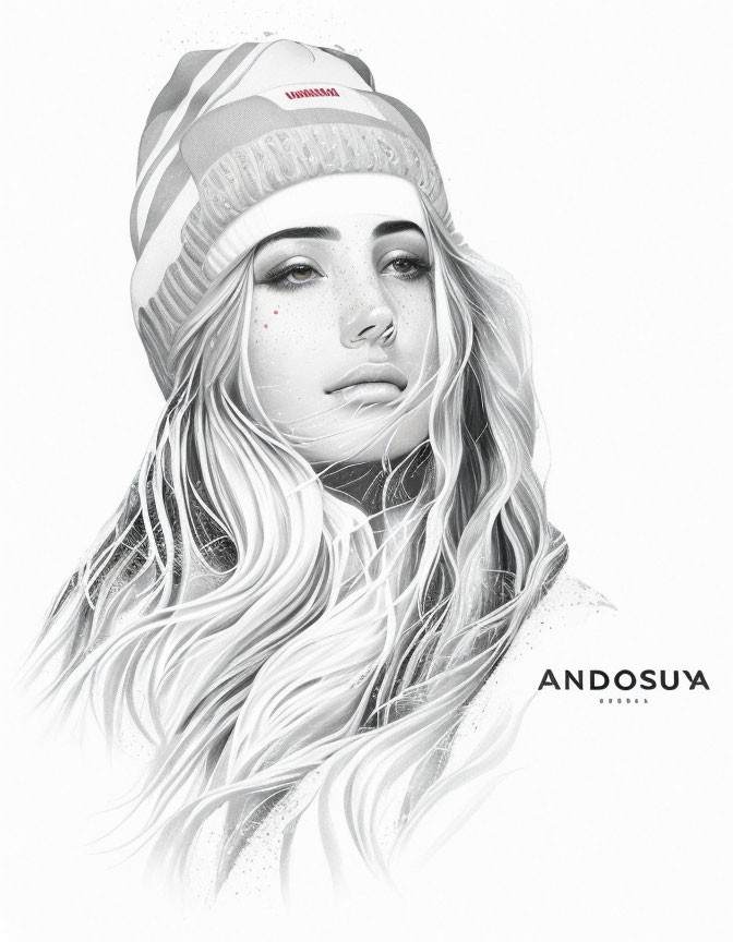 Monochrome portrait of woman with freckles, beanie, wavy hair