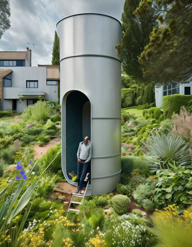 Man on ladder at modern cylindrical structure in lush garden with traditional house