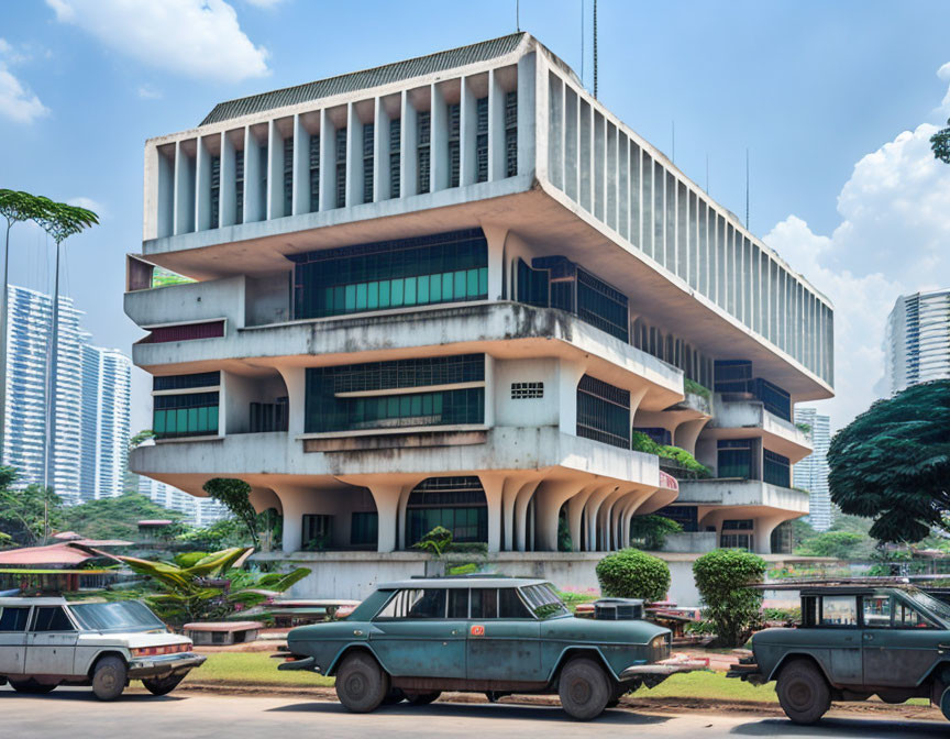 Tiered Brutalist Building with Overhanging Floors and Vintage Cars Under Blue Sky