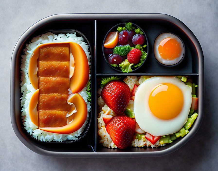 Japanese Bento Box with Rice, Egg, Fruits, Vegetables, and Grilled Meat