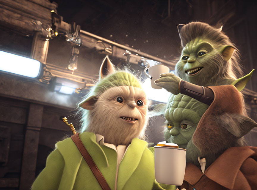 Three animated characters resembling Yoda with different expressions and one holding a cup