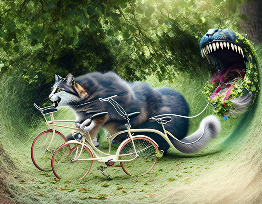 Giant cat on bicycle with floral creature emerging from hedge tunnel