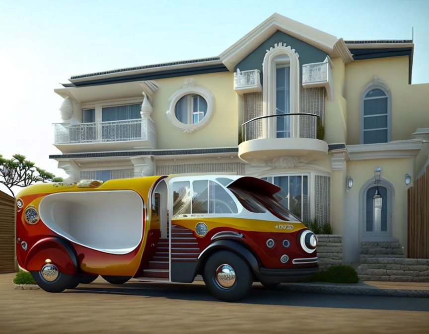 Vintage-style colorful bus parked in front of elegant two-story house