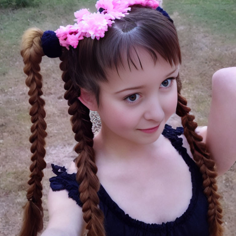 Girl with Braided Pigtails and Pink Flowers Taking Selfie in Navy Dress