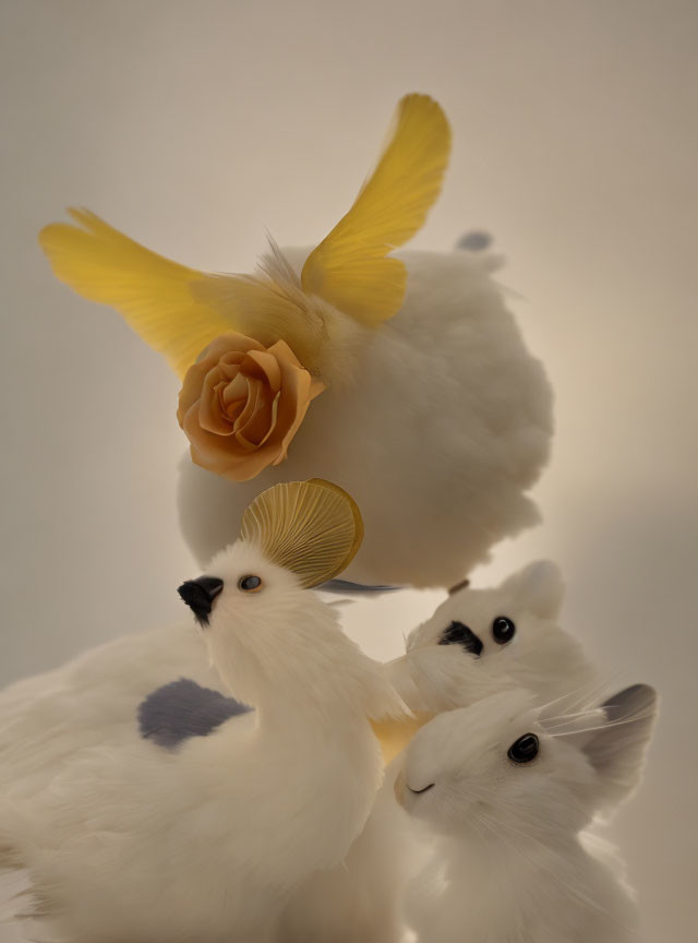 Three white decorative birds with yellow, blue, and beige accents in pyramid composition.