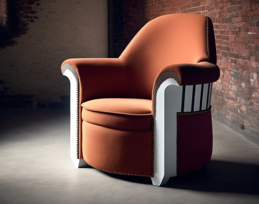 Orange Upholstered Armchair with White and Black Accents in Brick-Walled Room